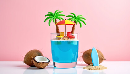 Tropical Coconut Cocktail and Mini Beach on Pastel Background