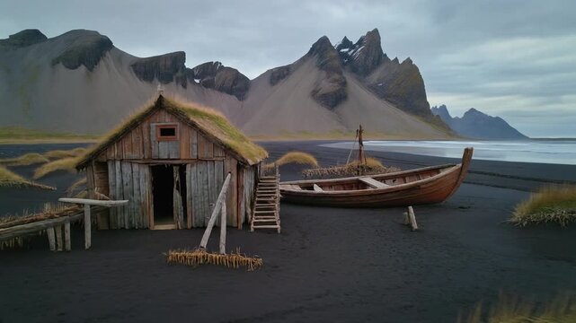 Traditional turf house and old fishing boat on black sand beach, Vestrahorn, Iceland