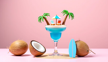 Tropical Coconut Cocktail and Mini Beach on Pastel Background