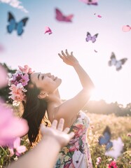 カラフルな蝶が舞う自然の中で花の髪飾りをした女性が手を上げる　手を差し出す男性