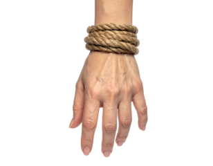 Close-up of a Hand Bound with Natural Rope Symbolizing Entrapment and Vulnerability