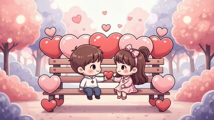 Cute Chibi-Style Cartoon Couple Sitting on a Park Bench Made of Hearts, Dreamy Valentine Color Palette with Bokeh Background