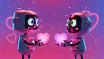 Whimsical Cartoon Robot Couple Exchanging Heart-Shaped Gifts, Glossy 3D Render Style on Romantic Neon Pink Violet Background