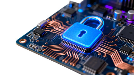 Blue Lock Icon on Circuit Board for Cybersecurity
