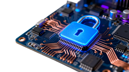 Blue Lock Icon on Circuit Board for Cybersecurity