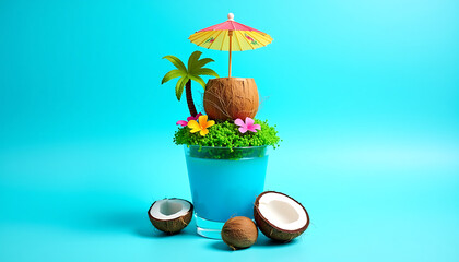 Tropical Coconut Cocktail with Palm Tree on Blue Background