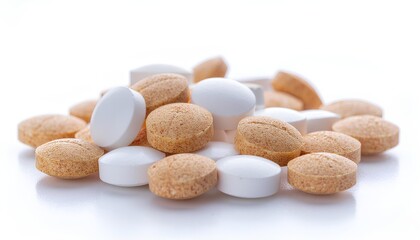 Pile of white pills and brown tablets on white background 