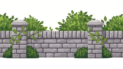 Brick vector fence seamless border, gray stone garden barrier, green leaf, bushes isolated on white. Architecture exterior design element, outdoor street object. Brick fence texture background