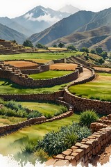 Terraced irrigation and stone walls on rolling hills