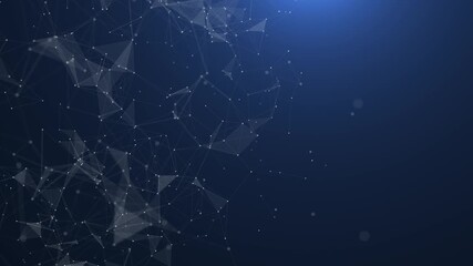 Abstract network of white dots and lines forming geometric shapes and triangles on a dark blue gradient background with subtle light effects and bokeh creating a digital data science concept - Powered by Adobe