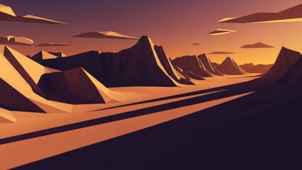 Stylized geometric mountain range illuminated by a dramatic orange and purple twilight sky