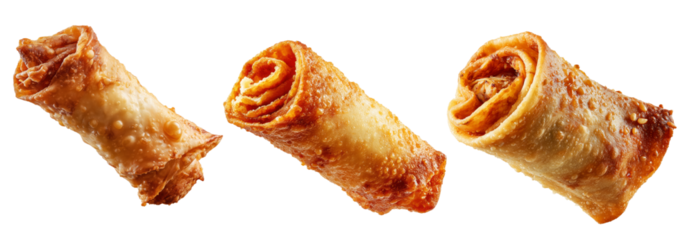 Set of Australia Chiko Roll or crispy  fried chicken wrap stuffed with melted cheese, bell peppers, and meat, on white background