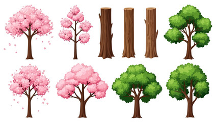 Spring trees vector nature illustration collection with pink blossom sakura, trunks, green crown. Isolated summer season park cartoon floral icon set. Spring trees garden environment logo landscape HD