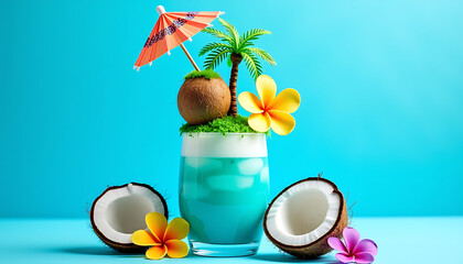 Tropical Coconut Cocktail with Palm Tree on Blue Background