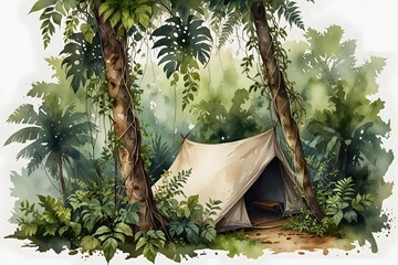 Vines growing around a jungle campsite or tent