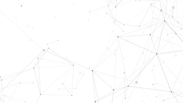 Intricate web of grey lines and dots forming a complex geometric network pattern against a bright white background symbolizing digital connections and data flow. Keywords: abstract, network