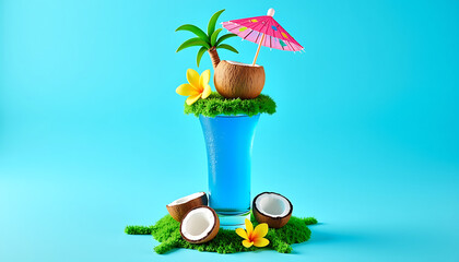 Tropical Coconut Cocktail with Palm Tree on Blue Background
