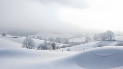 Snow-covered landscape with trees and rolling hills on a foggy winter morning from a high vantage point