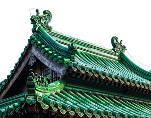 Fototapeta premium Green Tiled Chinese Temple Roof, Angled Perspective, Classic Asian Architecture, Isolated on White Background