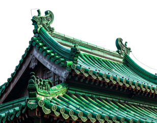 Green Tiled Chinese Temple Roof, Angled Perspective, Classic Asian Architecture, Isolated on White Background