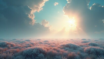 Dreamy Sunrise Over Vast Meadow Field with Soft Pink and White Wildflowers and Wispy Clouds Casting Golden Sun Rays in a Serene Landscape