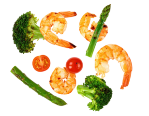 Colorful Arrangement of Grilled Shrimp and Fresh Vegetables Including Broccoli and Asparagus on Transparent Background
