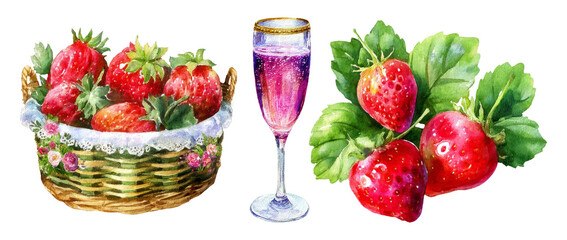 Festive Strawberry Brunch Celebration with Baskets and Sparkling Drink Illustration