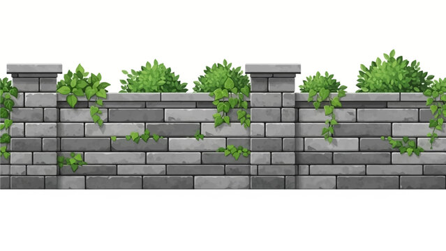 Brick vector fence seamless border, gray stone garden barrier, green leaf, bushes isolated on white. Architecture exterior design element, outdoor street object. Brick fence texture background