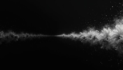 Abstract explosion of white powder particles against a deep black background creating a sense of dynamic motion and cosmic dust cloud