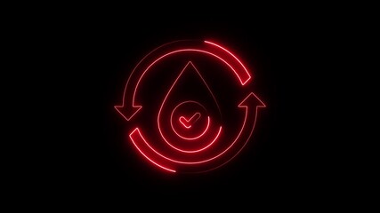 Red neon water drop with recycling symbol and checkmark on black background for eco friendly and conservation concepts
