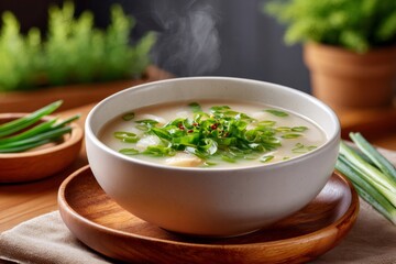 Warm miso soup with spring onions and tofu