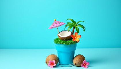 Tropical Coconut Cocktail with Palm Tree on Blue Background