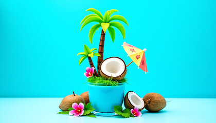 Tropical Coconut Cocktail with Palm Tree on Blue Background