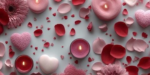 Romantic Flat Lay of Clay Artwork with Scattered Pink Elements and Candles