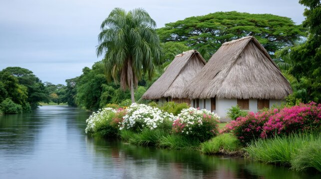 Thatched hut village reflecting tropical riverside lifestyle
