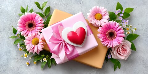 Romantic Gift Wrapped in Pink with Floral Accents and Heart-Shaped Embellishment