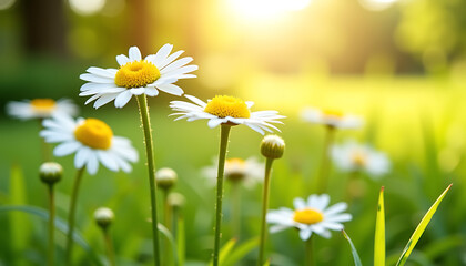 White Daisies in Sunny Spring Meadow