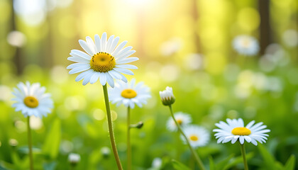 White Daisies in Sunny Spring Meadow