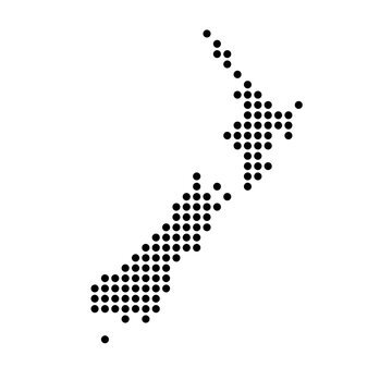 New Zealand country dotted map. Black spot pixel illustration isolated on white background. Vector circle mosaic.