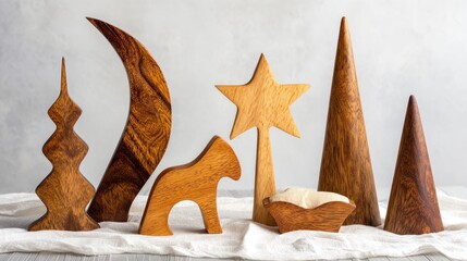 Wooden christmas decorations star horse tree crescent moon and cradle