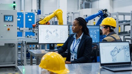 Two engineers collaborating on robotic system design in a modern industrial facility