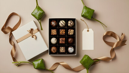 An elegant gift set with chocolates, a present, blank tag, and festive ketupat.