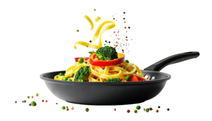 Delicious Vegetable Pasta with Broccoli and Bell Peppers in a Black Frying Pan