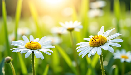 White Daisies in Sunny Spring Meadow