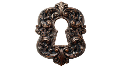 Ornate antique keyhole escutcheon, vintage decorative metal plate with intricate baroque design on transparent background