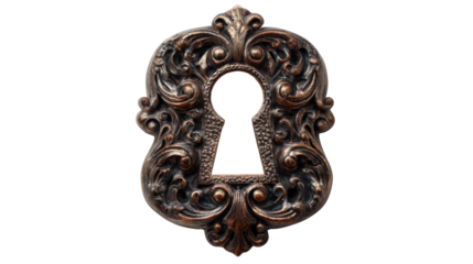 Ornate antique keyhole escutcheon, vintage decorative metal plate with intricate baroque design on transparent background