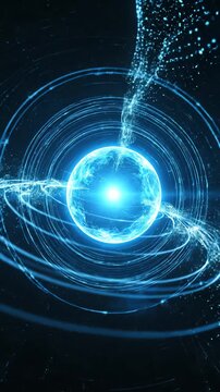 未来的なSF宇宙を舞台に、軌道リングと回転する粒子が輝く青いエネルギー球。4K解像度の動画。縦向き動画30FPS。