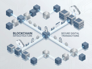 Isometric illustration of blockchain infrastructure facilitating secure digital transactions with interconnected blocks and data elements.