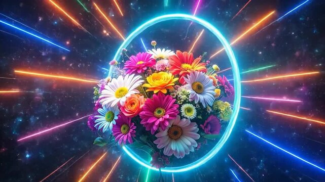 Neon Flower Bouquet with Colorful Lights and Glowing Circle.