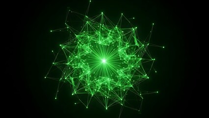 Abstract digital network with glowing green connections and data flow.